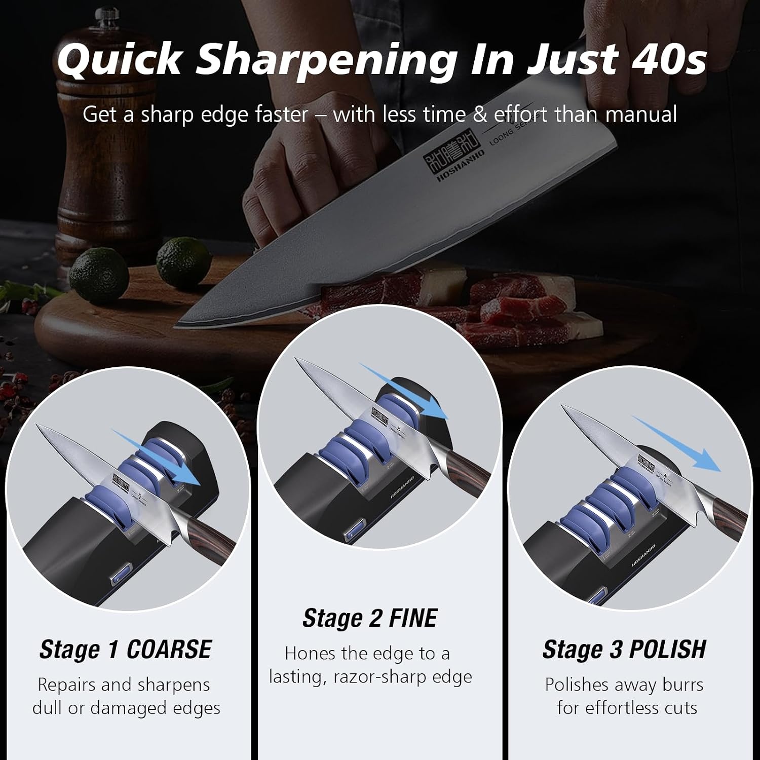 image:imageHOSHANHO Electric Knife Sharpener 3Stage Knife Sharpener for All Knives Professional Diamond Knife Sharpener Electric Replaceable Grinding Wheels amp 20 Precision Guide 40s Fast Sharpening Polish