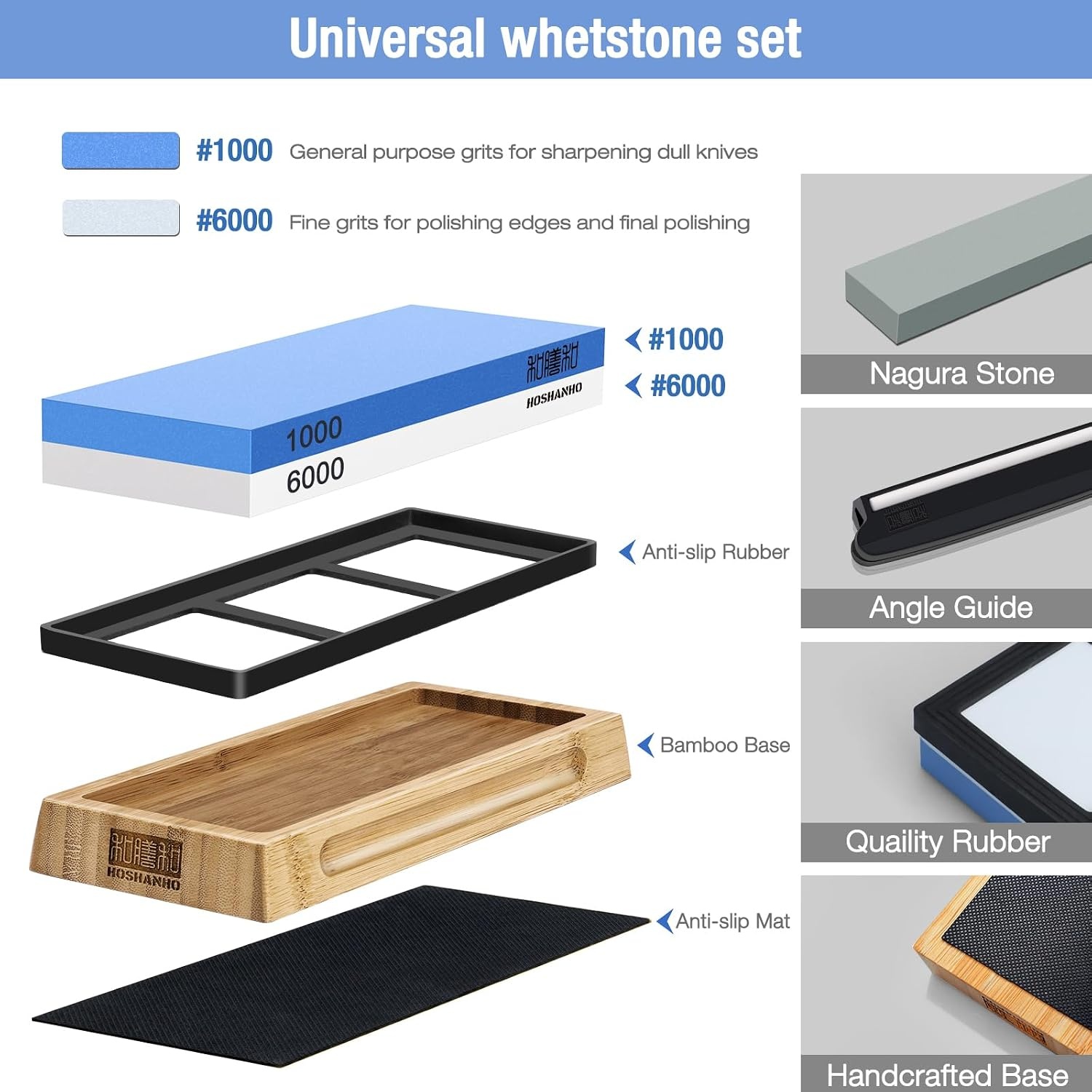 image:imageHOSHANHO Knife Sharpening Stone Set DoubleSided Grit 10006000 Whetstone Complete Knife Sharpener Stone Kit Wet Stone for Sharping Knives with Nonslip Rubber Base Angle Guide
