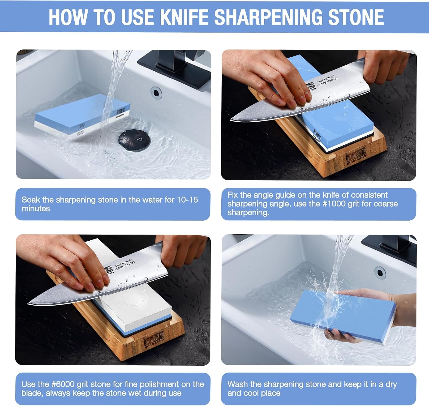 image:imageHOSHANHO Knife Sharpening Stone Set DoubleSided Grit 10006000 Whetstone Complete Knife Sharpener Stone Kit Wet Stone for Sharping Knives with Nonslip Rubber Base Angle Guide