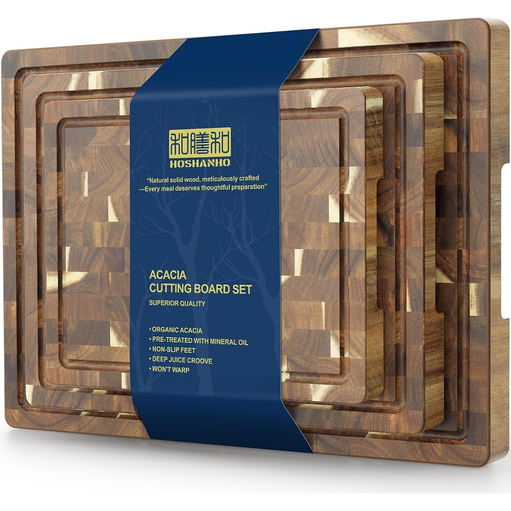 image:imageHOSHANHO 3 Packs Cutting Board Set Extra Large Acacia Wood Cutting Boards Durable Chopping Board for Kitchen Meal Prep Charcuterie Board with Builtin Ergonomic Handles and Deep Juice Grooves