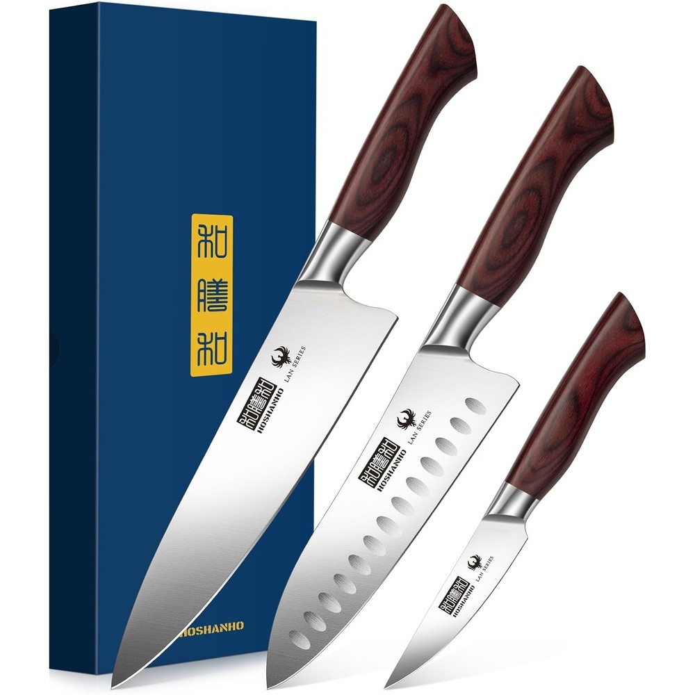 image:imageHOSHANHO 5PCS Japanese Kitchen Knife Set Sharp Chef Knives amp Wood Handle Professional Ultra Sharp HighCarbon Stainless Steel Cooking Knife Set with Ergonomic Wood Handle Elegant Box for Home Gift3 Pieces Knife Set