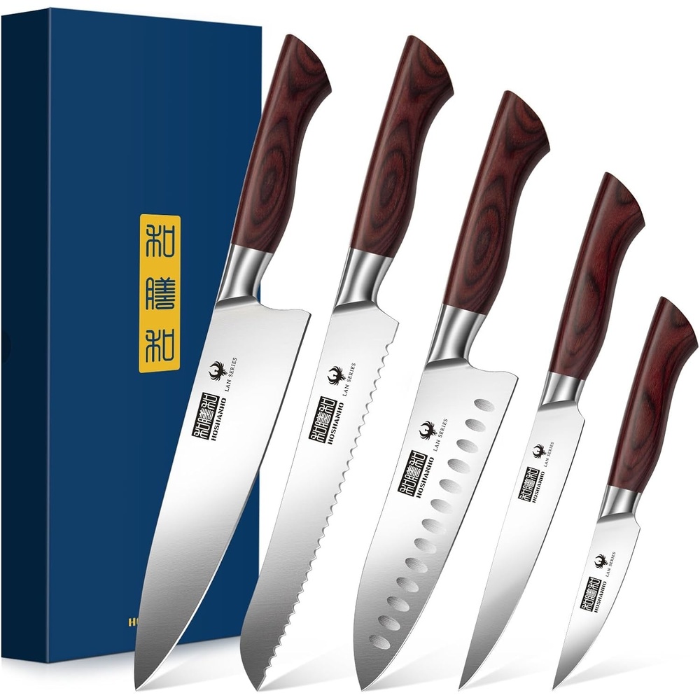 image:imageHOSHANHO 5PCS Japanese Kitchen Knife Set Sharp Chef Knives amp Wood Handle Professional Ultra Sharp HighCarbon Stainless Steel Cooking Knife Set with Ergonomic Wood Handle Elegant Box for Home Gift5 Pieces Knife Set