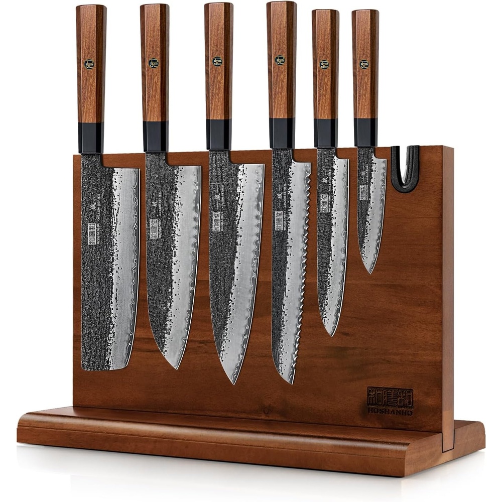 image:imageHOSHANHO 7 Pcs Knife Set with Magnetic Knife Block Ultra Sharp Knife Set Hand Forged 9 Layers 10CR15MOV High Carbon Steel Kitchen Knife Set Japanese Chef Knife Set with Ergonomic Rosewood Handle7 Pieces Knife Set